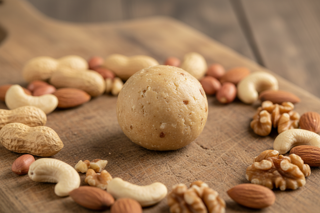 Protein Ball on Wooden Board with Nuts